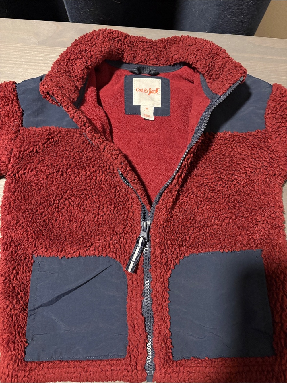 Cat & Jack Red Sherpa Zip-Up Jacket with Navy Trim